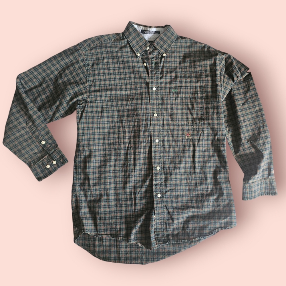 Tommy Hilfiger Men's Vintage 90s Cotton Green Plaid Button Front Shirt Medium